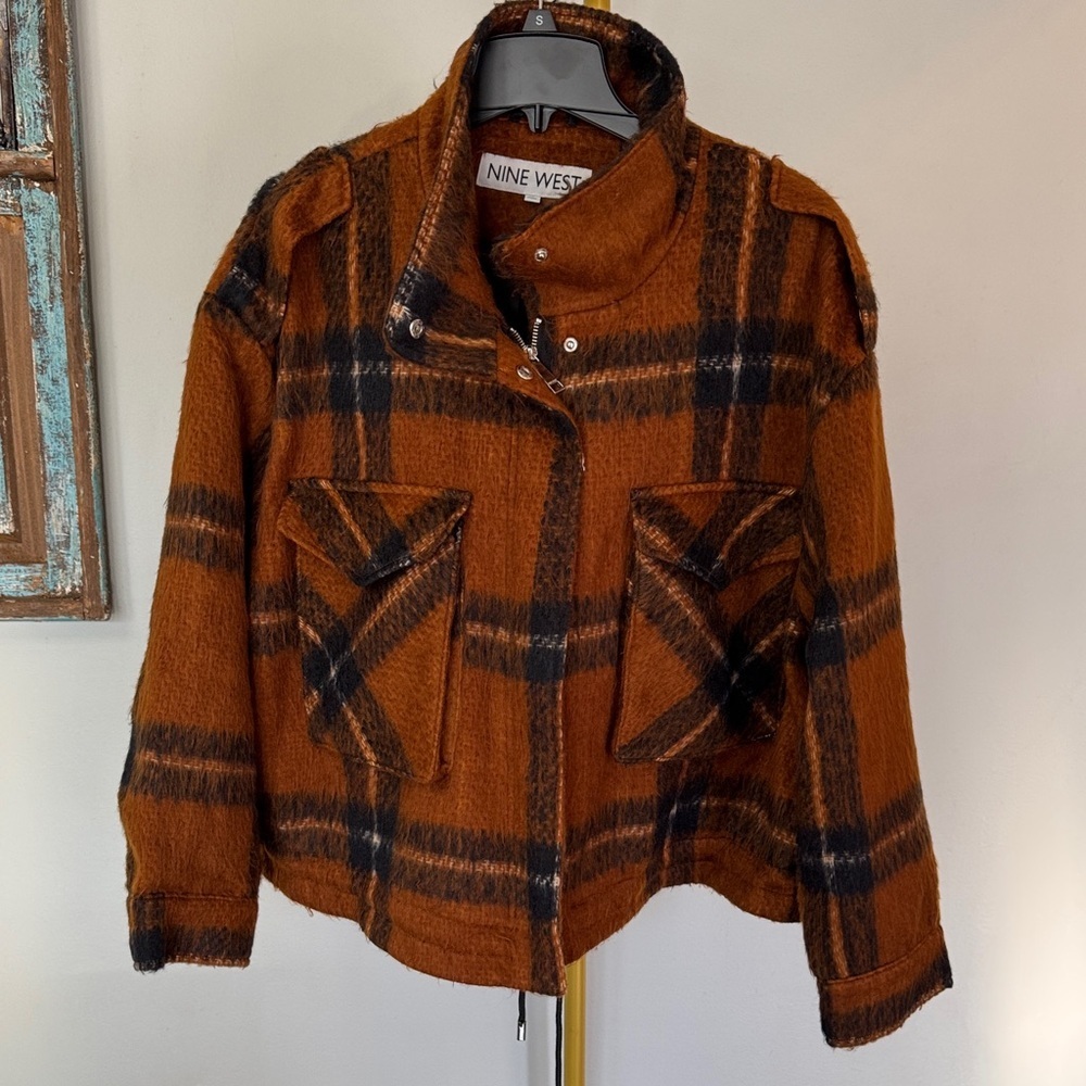 Nine West Burnt Orange & Black Plaid Teddy Jacket shacket EUC XL